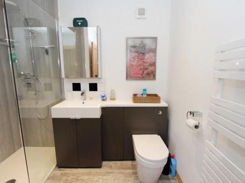 La salle de bains est pourvue de toilettes, d'un lavabo et d'une douche. dans l'établissement Taigh Tharmoid Ruaidh, à Valtos