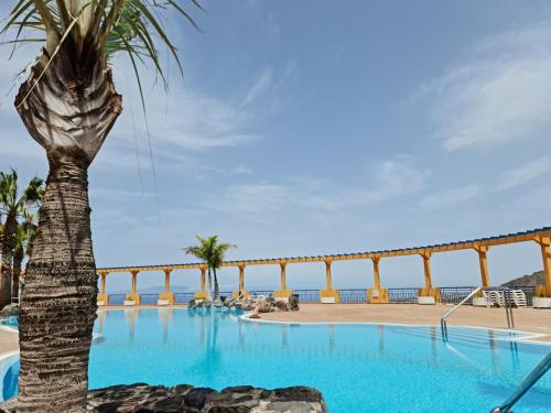 a palm tree next to a swimming pool with a pier in the background at Cozy 2 Bedroom Apartment in Costa Adeje in Adeje