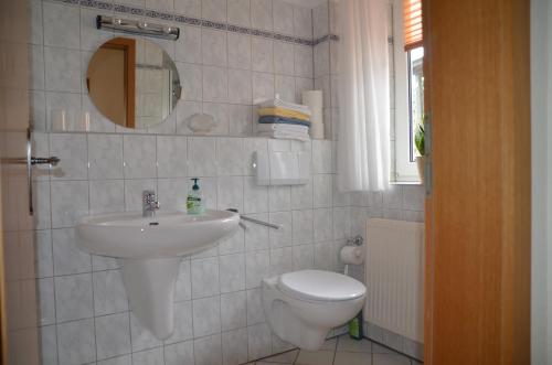 a bathroom with a sink and a toilet and a mirror at Buttgereit in Kosel