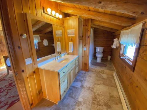 Baño con lavabo y aseo en una cabaña en SI INCREDIBLE VIEWS from this log cabin with large deck huge yard fire pit hot tub en Dalton