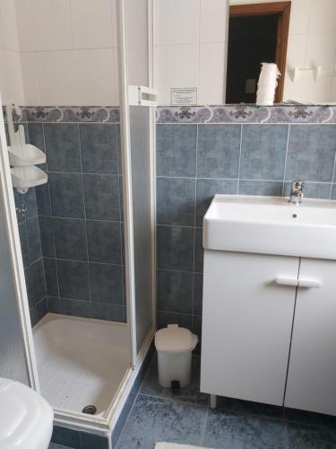 een badkamer met een douche, een wastafel en een toilet bij Encosta da Serra in Sabugueiro