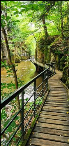 a wooden walkway over a river with a bridge at Къща Томови,стаи за гости in Devin