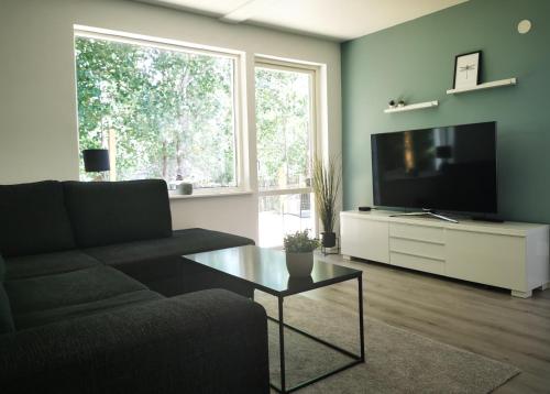 sala de estar con sofá y TV de pantalla plana en Landvetter Apartment, en Landvetter