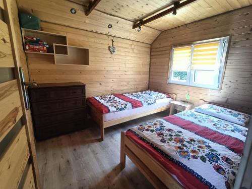 a bedroom with two beds in a wooden cabin at Zielona Dolina Hoczew in Hoczew