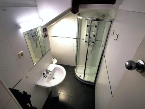 Baño pequeño con lavabo y espejo en Apartamento Malasaña II en Madrid