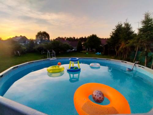 a large swimming pool with a play equipment in a backyard at Michówka in Nickelswalde