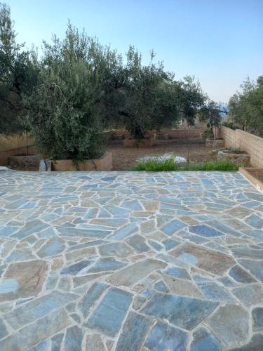 a stone patio with trees in the background at Flisvos Apartments in Megalochori
