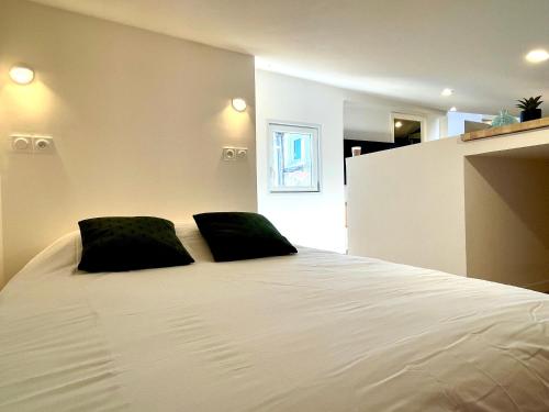 - une chambre avec un lit et deux oreillers noirs dans l'établissement Studio Climatisé sous les Toits à 100m de la place du Capitole, à Toulouse