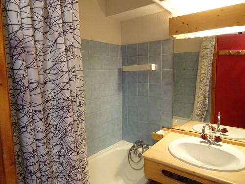une salle de bain avec un lavabo et un rideau de douche dans l'établissement Studio chaleureux à Vallandry, 4 pers., proche pistes et commerces, animaux admis - FR-1-411-359, à Landry