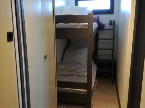 Cette petite chambre comprend des lits superposés et un miroir. dans l'établissement Studio cabine 4 pers, centre station, cuisine équipée et bain - FR-1-557-75, à Les Adrets