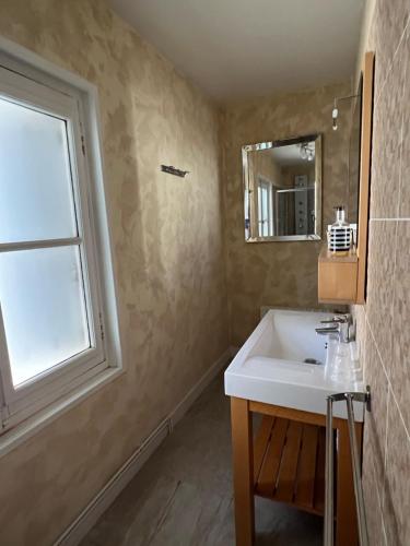 łazienka z białą umywalką i oknem w obiekcie Chambres d'hôtes Les Perce Neige w mieście Vernou-sur-Brenne