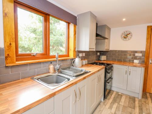 a kitchen with white cabinets and a sink and a window at Little Lodge in Kings Lynn