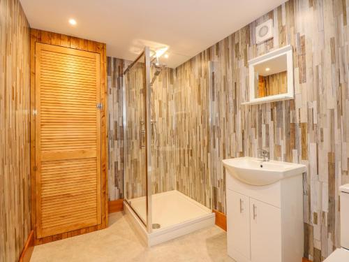 a bathroom with a shower and a sink and a toilet at Little Lodge in Kings Lynn