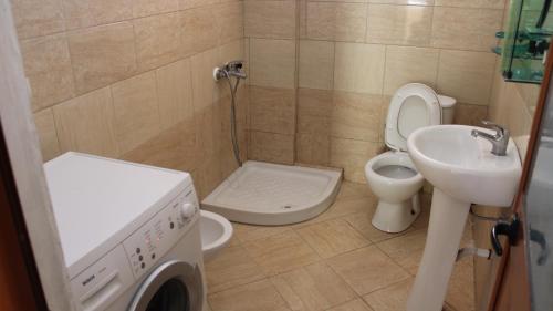 y baño con aseo, lavabo y lavadora. en Bledi's Comfy Apartment in New Blvd / Free Parking, en Tirana
