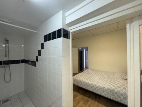 a bedroom with a bed and a shower at Cosy apartment in the centre of fortified town Groenlo in Groenlo