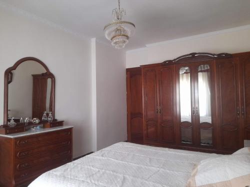 Un dormitorio con una cama, una cómoda y un espejo. en Piso en Montillana, en Montillana