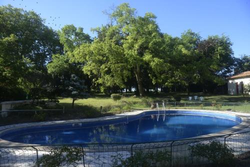 una piscina en un patio con árboles en Château Rosemont - Grande maison familiale campagne dans le Médoc avec piscine et tennis à 15 mn Bordeaux en Labarde