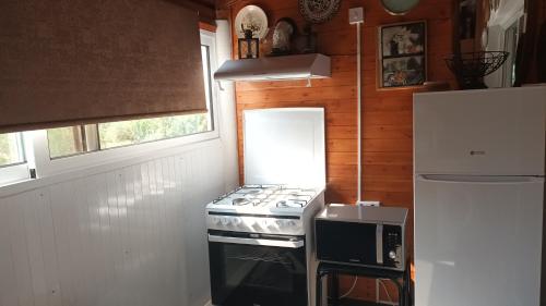 a small kitchen with a stove and a refrigerator at Greenfields Country Club in Limassol