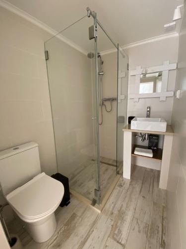 uma casa de banho com um chuveiro, um WC e um lavatório. em 7 Trevos Houses A em Santiago do Cacém