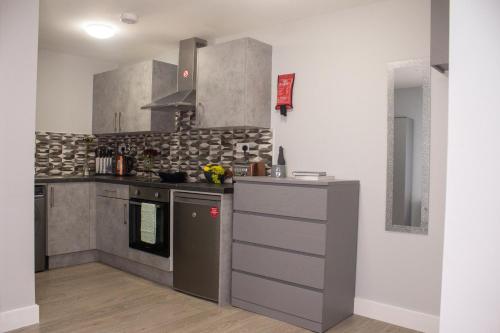 eine Küche mit Küchengeräten aus Edelstahl in einem Zimmer in der Unterkunft Charming Accommodation close to Birmingham in West Bromwich