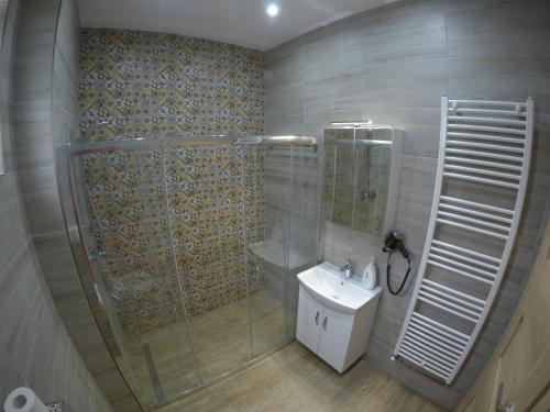 a bathroom with a shower and a sink at Casa Bacila in Sibiu