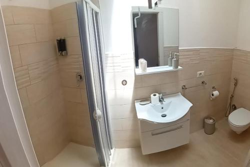 uma casa de banho com um lavatório, um chuveiro e um WC. em La Fenice em Budoni