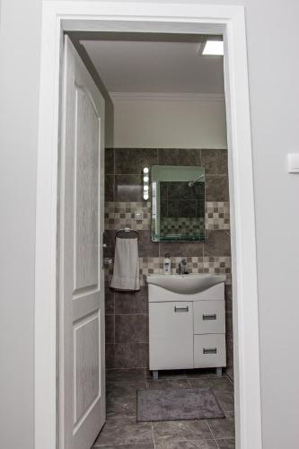 a bathroom with a sink and a mirror at Feher Akac Guest House in Palić