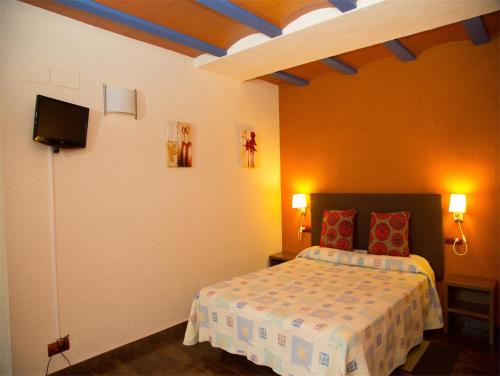 a bedroom with a bed and a flat screen tv at Mas Masdeu in L'Aldea