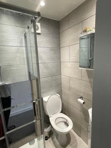 uma casa de banho com um WC e um chuveiro em ANGIE HOME em Luton