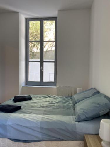 um quarto com uma cama grande e uma janela em Villa des Thermes - T2 em Royat
