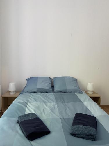 uma cama azul com duas almofadas em cima em Villa des Thermes - T2 em Royat