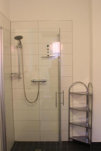 ein Bad mit einer Dusche und einer Glastür in der Unterkunft Rathsacks Familienhof in Ziegendorf