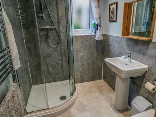 een badkamer met een douche en een wastafel bij Dairy House in Newton
