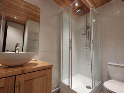 une salle de bain avec un lavabo et une douche en verre dans l'établissement Studio Chaleureux · Accès Pistes · Mont Blanc - FR-1-181-2569, à Aime La Plagne