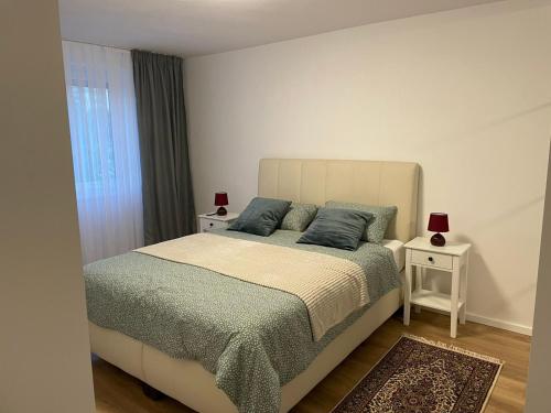 a bedroom with a bed with blue pillows and a window at Amigi in Sarajevo