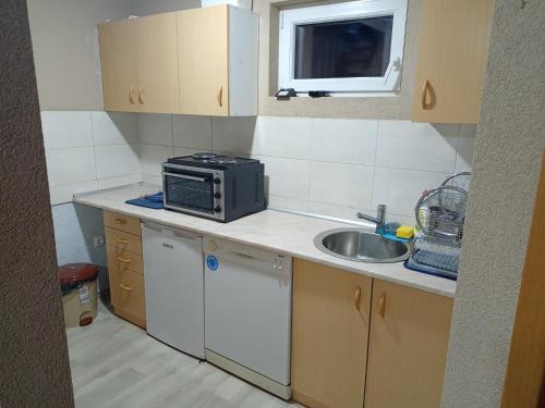 una pequeña cocina con fregadero y microondas en Vikendica Una na Drini en Loznica