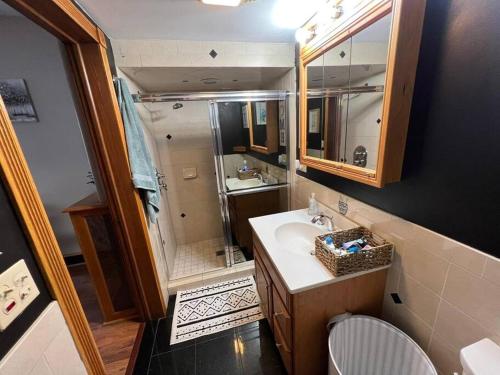 W łazience znajduje się umywalka i prysznic. w obiekcie 4 bedrooms & 2 bathrooms “Dhanu’s place” w mieście Scranton