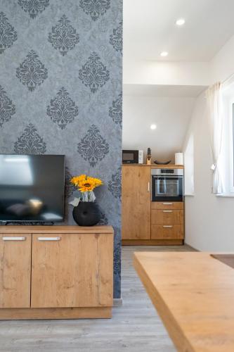 a living room with a tv and a kitchen at Prima Countryside Apartments in Žirovnica