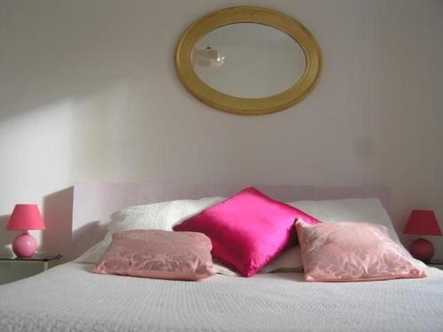 ein Bett mit zwei rosa Kissen und einem Spiegel in der Unterkunft Gîte La Chapelle-aux-Choux, 2 pièces, 3 personnes - FR-1-410-131 in La Chapelle-aux-Choux