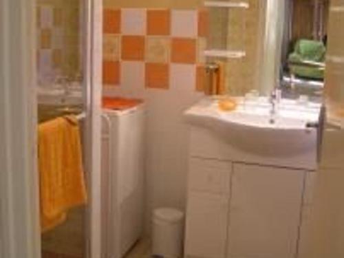 ein Badezimmer mit einem Waschbecken, einem Spiegel und einem Waschbecken in der Unterkunft Gîte La Chapelle-aux-Choux, 2 pièces, 3 personnes - FR-1-410-131 in La Chapelle-aux-Choux