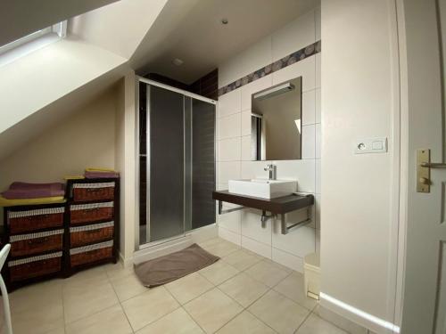 une salle de bain avec un lavabo et un miroir dans l'établissement Holiday home on the Emerald Coast, Plangenoual, à Planguenoual