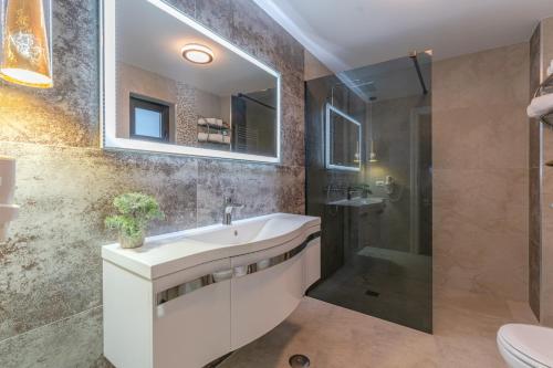 a bathroom with a sink and a shower at Iris Predeal in Predeal