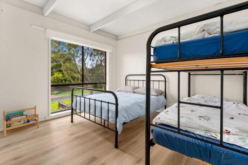 2 łóżka piętrowe w pokoju z oknem w obiekcie Hiddensee w mieście Cowes
