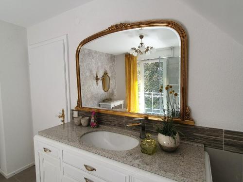 y baño con lavabo y espejo. en Gästehaus - Im Gärtle II en Niederrotweil