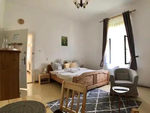 a bedroom with a bed and a chair and a window at Penzion Vila E Landisch in Chomutov