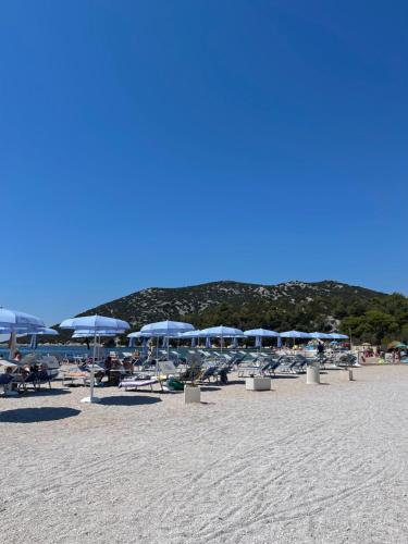 a beach with blue umbrellas and chairs on the sand at Apartments Adria in Tribunj