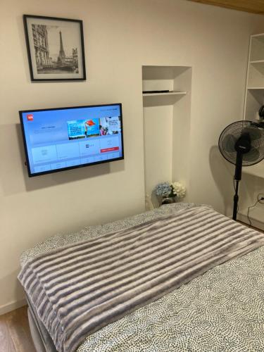 1 dormitorio con 1 cama y TV de pantalla plana en la pared en Affaires ou Loisirs - La Cachette Secrete, en Choisy-le-Roi