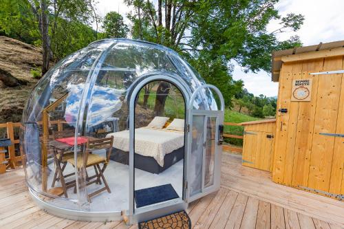 a glass iguana house with a bed in it at bulle de nuit in La Ferrière