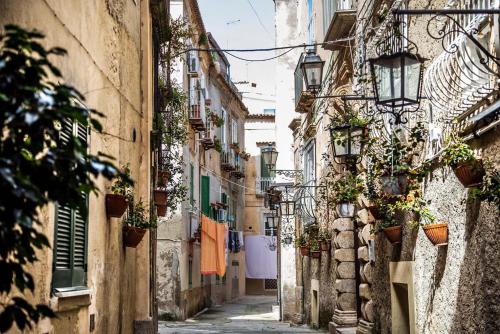 an alley in an old town with potted plants at Solmaris Tropea Rooms & Suites in Tropea