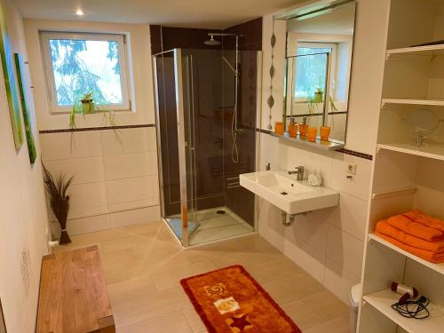 a bathroom with a shower and a sink at Hotel Gutshaus Kajahn in Gustow